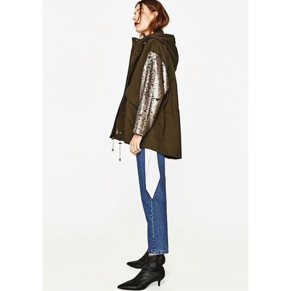 Zara Color-Changing Sequin Sleeve Parka Olive Green Utility Jacket Shiny Size S - Picture 5 of 15